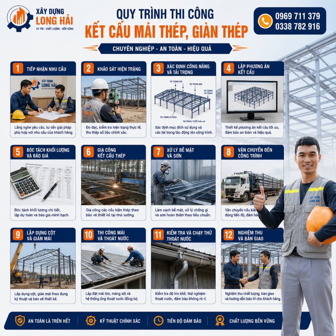 QUY TRÌNH THI CÔNG KẾT CẤU MÁI THÉP, GIÀN THÉP