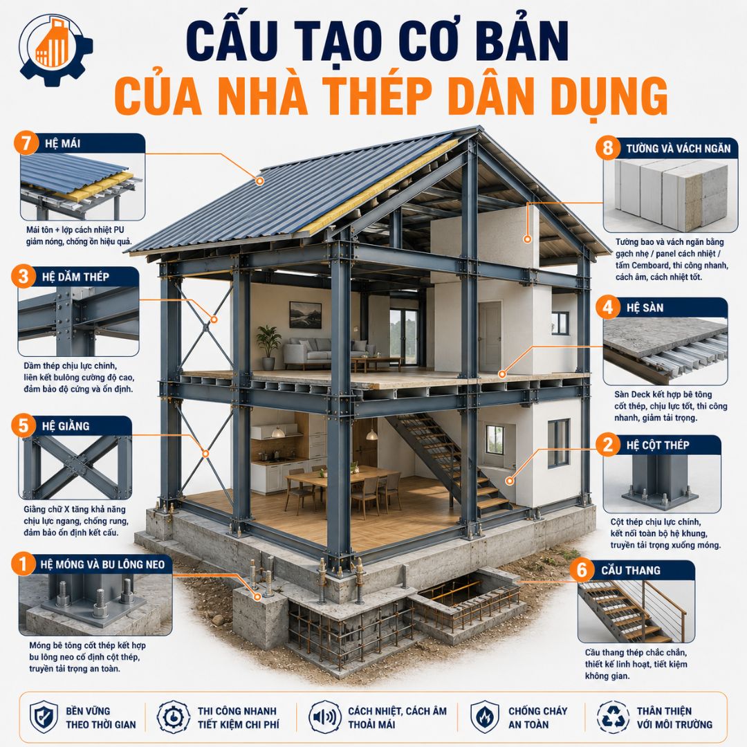 CẤU TẠO CƠ BẢN CỦA NHÀ THÉP DÂN DỤNG